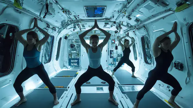 Astronaut doing yoga flow in spacecraft
